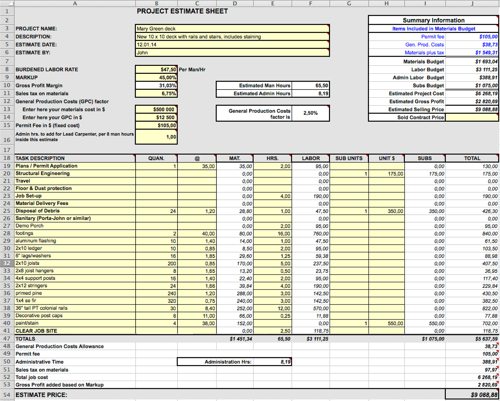 Excel Templates For Construction Estimating