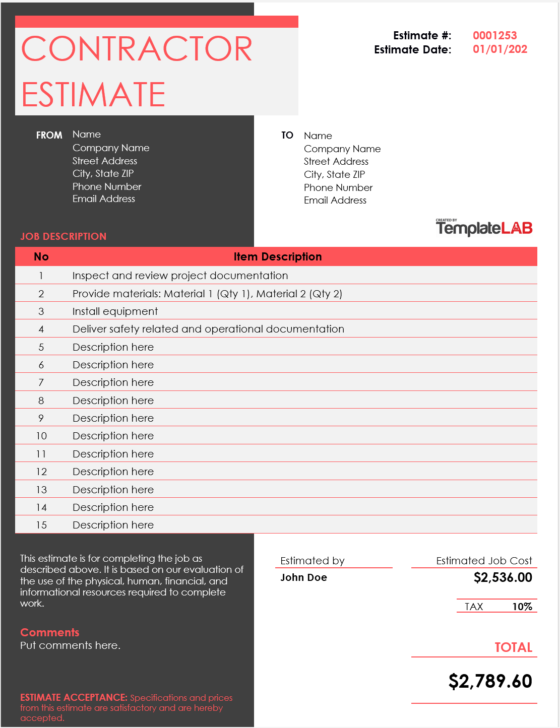 Free Printable Contractors Estimate Template