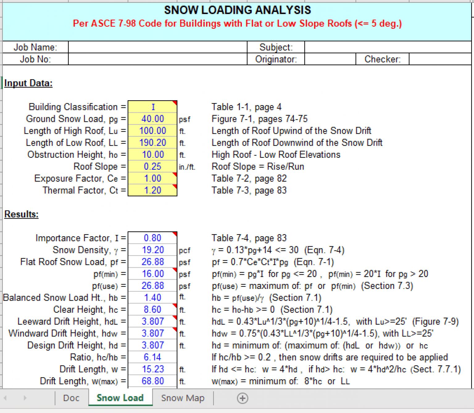 Snow Load Analysis Based On Asce 7 98 Excel Sheets